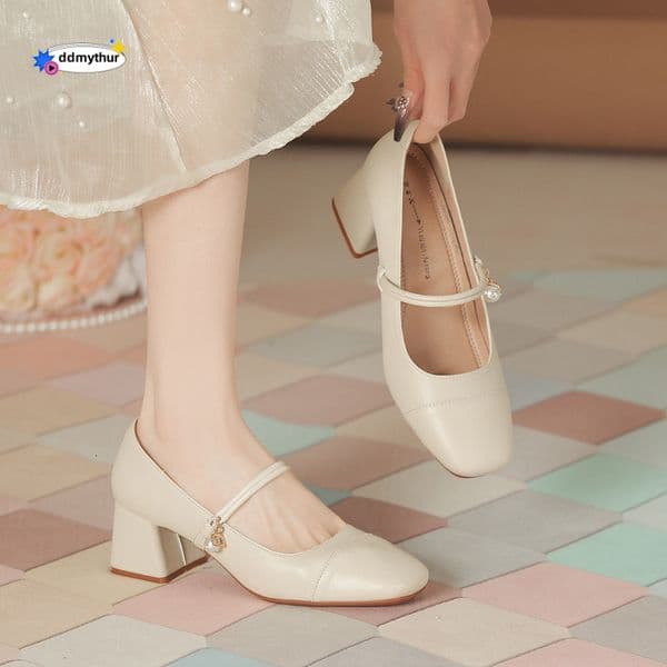 Mary Jane Women's Korean Style Soft Genuine Leather Single Shoes Office Chunky Pearl Pendant Diamond Professional Dress High Heels ddmythur
