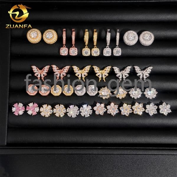 Hip Hop 925 Silver Iced Out Butterfly Flower GRA Certificate Women Mens VVS Moissanite Earrings