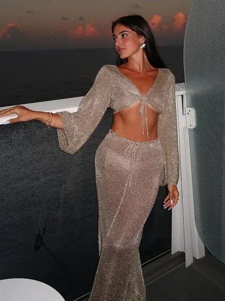 Sexy Metallic Gold Tank Top Long Skirt Knit 2 Piece Wrap Hip Long Skirt Knit 2 Piece Set Vacation Club Party Girl Clothing K128 250619
