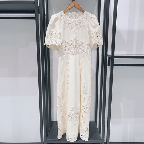 Summer se Light Luxury Laser Hollow Flower Embroidery Shouldered Round Neck High Waist Dress
