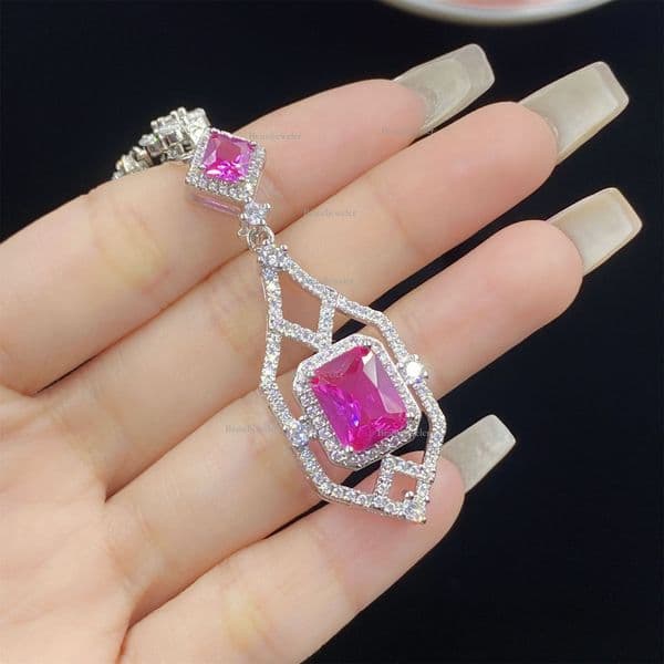 High-end Princess Square Red Corundum Designer Necklace Luxurious Three-piece Model Set Full Diamond Geometric Women S Free Delivery Elegant Pendant Earrings Set