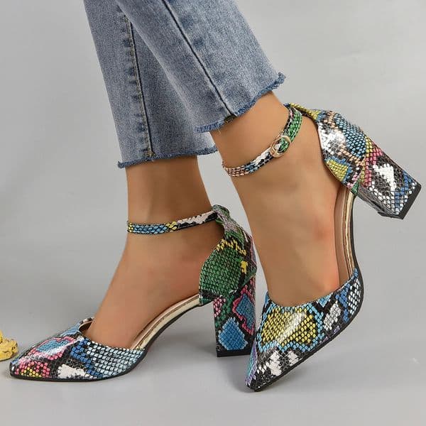 Aphixta Snake Pattern High Heel Sandals Summer Elegance Retro Womens Square Heel Sandals Size 33-46 Pearl Chain n 250617BJ