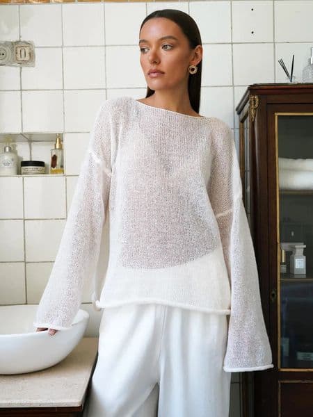 T Shirts Oversize Thin Knitted Pullovers Women Summer Trumpet Long Sleeve T Shirt For Women Loose Top Tees Transparent Sweater 250619