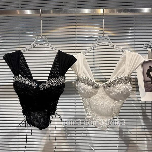 Womens Clothing Crop Tops Sexy Vest Temperament Camis Gauze Bandage Slim Waist Folds Diamond Tanks Fashison Summer Y2k Tops