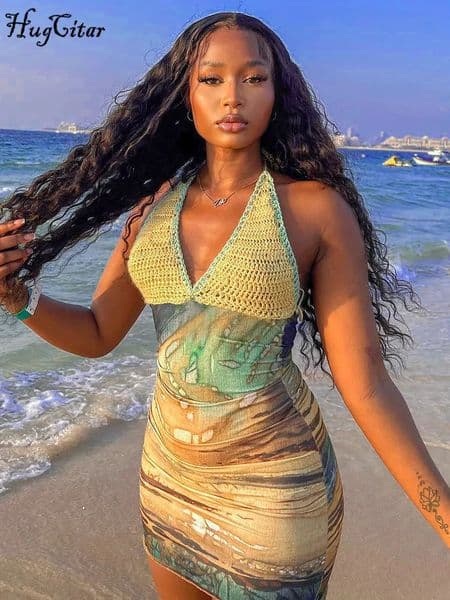Hugcitar 2025 Spring Halter Knitted Scenery Print Backless Lace Up Sexy Mini Dres Fashion Clothes Beach Vacation Party 250616BANJIA