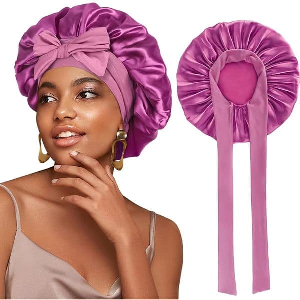 Women Satin Bonnet Solid Sleeping Hat Stretchy Tie Band Elastic Night Shower Cap Adjustable Hair Head Cover Bonnet for Women Hat Satin Solid Night Sleep Cap Hair Care