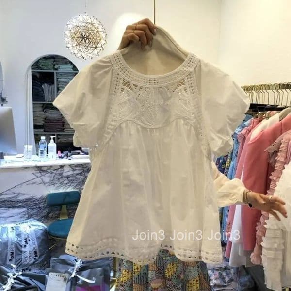 Korean Blouse Women Clothing 2025 Blusas Mujer De Moda O-neck Hollow Out Loose Shirts Vintage Sweet Summer Blouses Tops 7k322