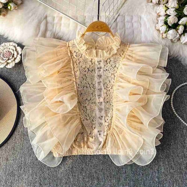Camisas De Mujer Summer Blouses 2025 Womens Clothing Stand Neck Patchwork Lace Ruffles Shirts Temperament Korean Blouse Tops