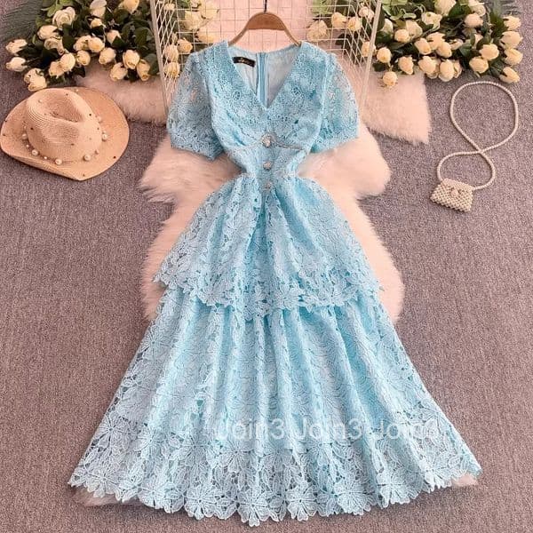 Elegant Dress Women Clothing Lace V-neck Short Sleeve Slim Waist Robe Femme 2025 Vestidos De Mujer A-line Vintage Summer Dresses