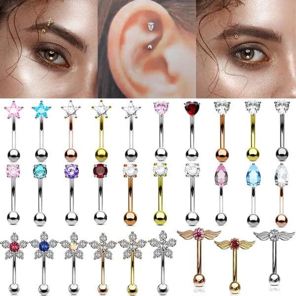 Crystal Star Eyebrow Piercing Jewelry Heart Curved Barbell Rook Earrings Tragus Helix Cartilage Angle Wing Ring 250613