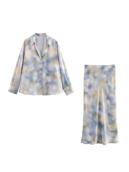 Women Summer 2Piece Sets Vintage Tiedye Shirts Tops and Skirts Female Elegant Street Two Suits Clothing 250618