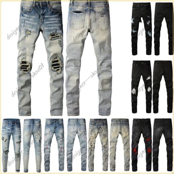Designer jeans Mens jeans High Street Hole Star Patch Men's womens star embroidery panel trousers stretch slim-fit trousers pants hy44