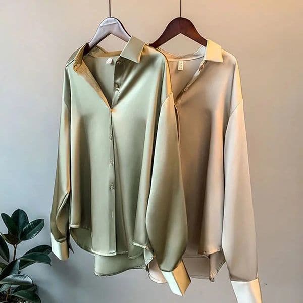 Vintage Women Ribbon Satin Blouse Tops Autumn Spring Turn Down Collar Long Sleeve Button Loose OL Shirts GGFS2 250617