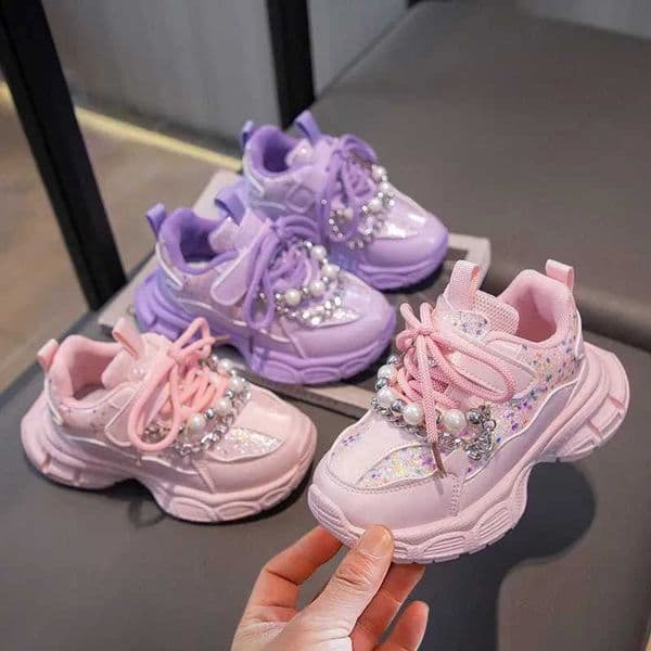 Athletic Outdoor Sports 2024 Girls Spring Fashion Shining Pearl Running Shoes Childrens Anti slip 26L0506