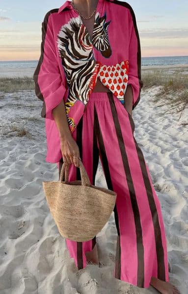 Summer Women Casual Print Twopiece Set Clothing Seaside Tropical Vacation Style Printed Lapel Shirt Wideleg Trousers 250616BANJIA