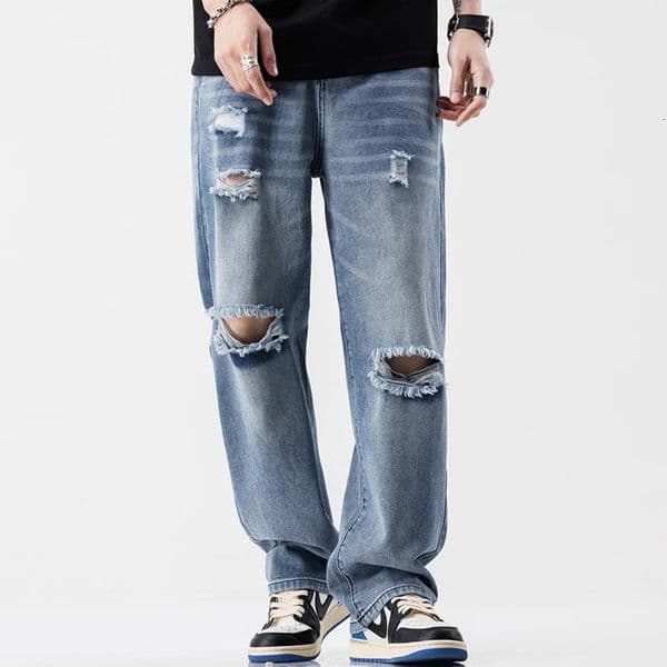 Fashion Vintage Jeans Mens Streetwear Ripped Loose Hip Hop Hole Trousers Casual Straight Male Clothes Wide Denim Pants 250623BJ