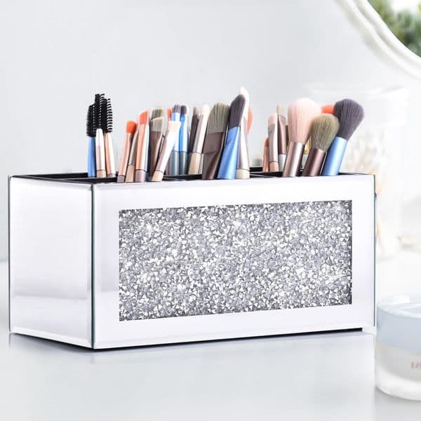 A crystal shattered diamond silver mirror glass makeup storage box (with 6 slots) for organizing eyeliner pencils and displaying cosmetic brushes.