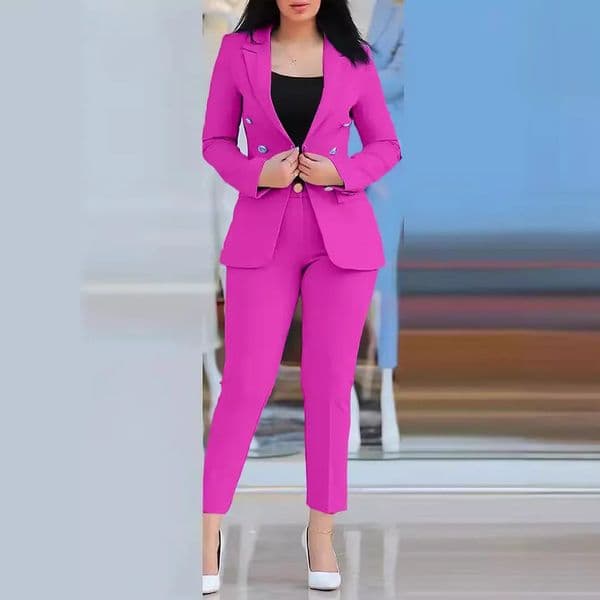 2pc Office Clothing Set Long Sleeve Blazer Jacket High Waist Pencil Pants Solid Color 250614