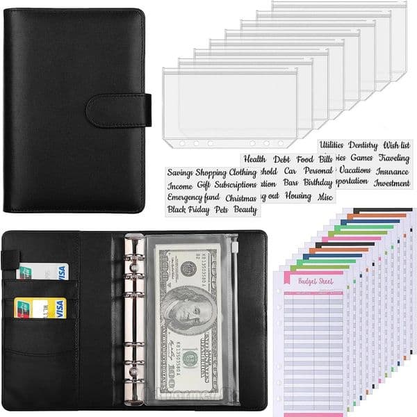 A6 Budget Binder with Cash Envelope Savings Book Budget Planner PU Leather Laptop Binder with Binder Pocket Cash Fill Folder 250618BJ