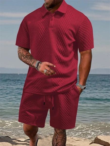 2025 Summer Mens Casual Sportswear Polo Shirt Turnover collar Shortsleeved And Shorts Jacquard Texture Suit 250624