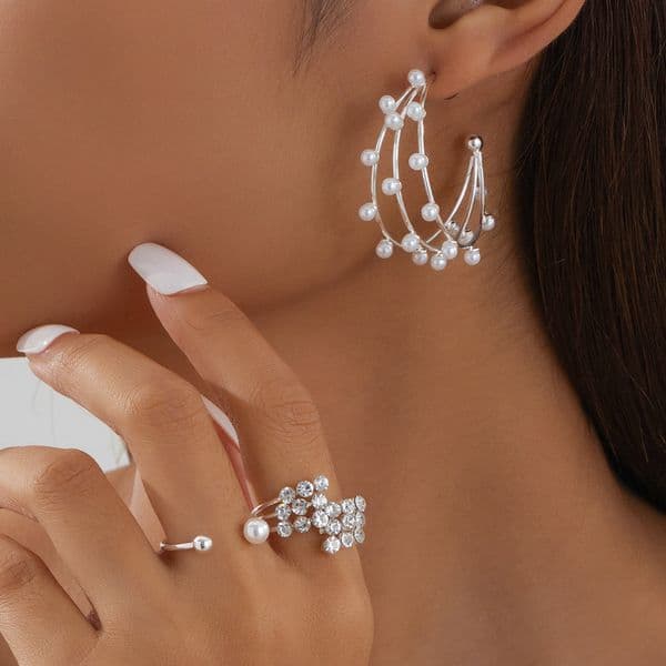 1 Pearl Hlow Design Three-Layer Earrings And Ring Set Elegant French Classic Inlaid With Dias