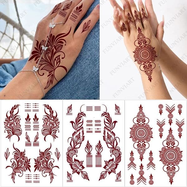 Disposable Brown Henna Tattoo Sticker for Hand Fingers Waterproof Flower Tattoo for Women Temporary Tattoos Body Art 250619