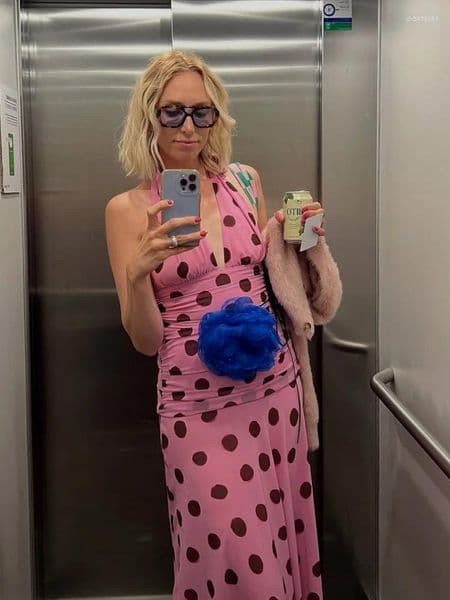 Casual Dresses Chic Polka Dot Pleated Halter Dress For Women Elegant Backless Lace Up Slim Fit Long 2025 Summer Holiday Beach Gowns