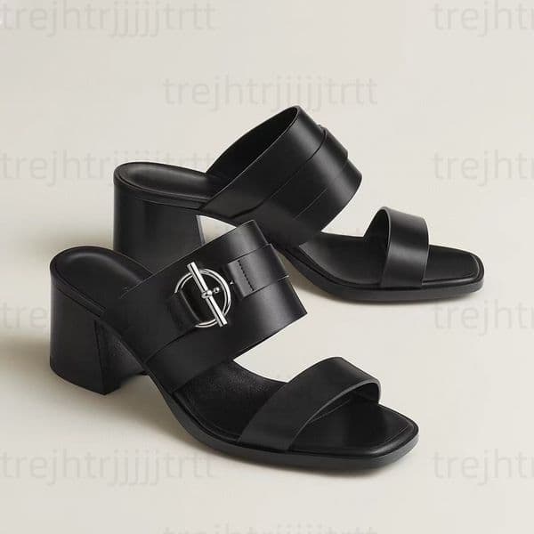 Women's chunky heel slippers slides mules cowhide suede fashion Hardware buckle Open toed Sandals Luxury designer shigh heels factory footwear