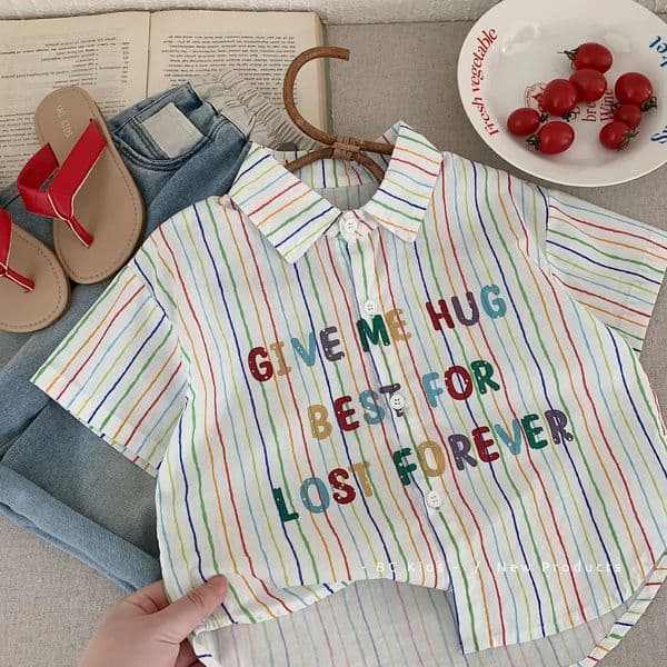 Childrens Boys T-Shirts Summer Rainbow Stripes Short Sleeve Letter Kids Boys Shirt Single Breasred Toddler Baby Boys Tees 250627