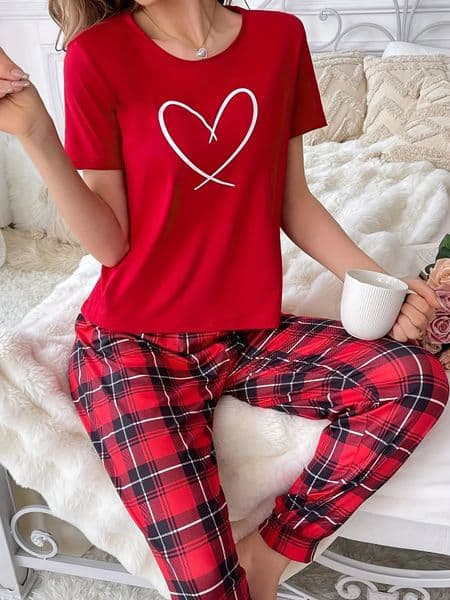2 Piece Womens Spring and Summer Pajamas Cute Heart Printed Short-Sleeved Pants Pajamas Set 250627BJ