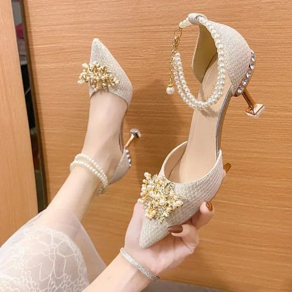 Ladies Shoes on Sale Fashion Pointed Metal Beaded Solid Womens High Heels Summer Leisure Banquet Women Wedding Pump 250624BJ