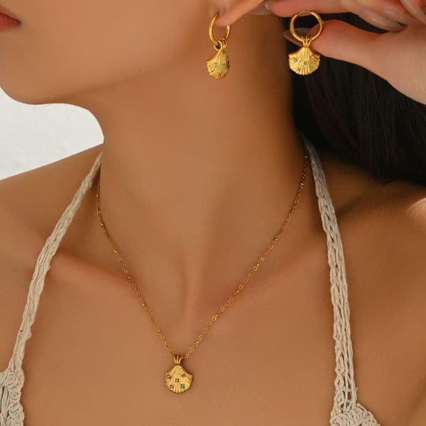 Ocean Style Women's Jewelry Set Shell Inlaid Design Earrings Long Necklace