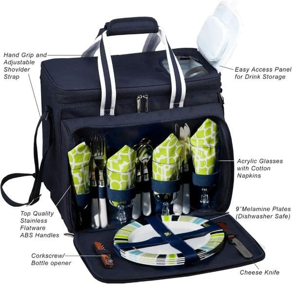 Original Insulated Picnic Cooler with Service for 4 on Wheelsned Assembled in USA 250624