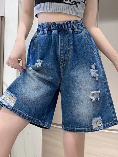 Plus Size Denim Shorts For Women 2024 Summer Wide Leg Loose Blue Jeans High Elastic Waist Half Length Casual 250625