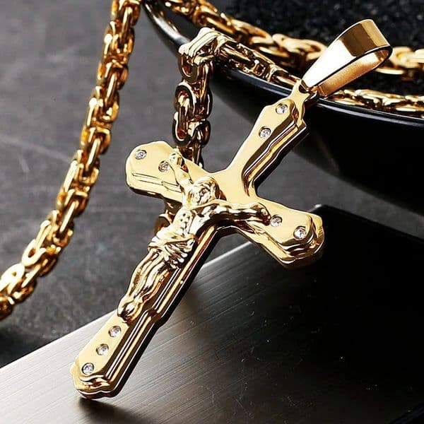 Ancient Men Stainless Steel Crystal Jesus Christ Holy Crucifix Cross Pendant Necklace Byzantine Chain Necklaces Jewelry Gifts 250628
