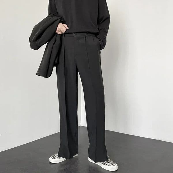 Mens Straight Baggy Casual Pants Korean Slit Personality Suit Trousers Fashion Formal Business Male Streetwear Gray Khaki Black 250628