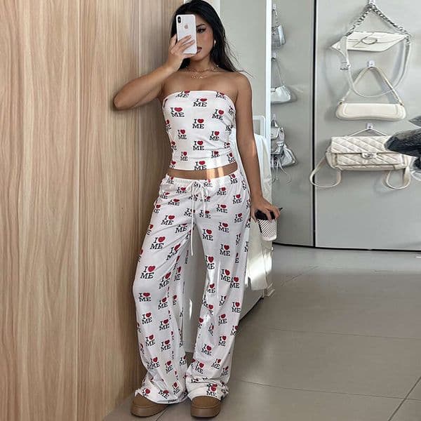 Summer Style Casual Set Printed Letter Strapless Top Loose Pants Two-Piece Pajamas Loungewear For Women B5