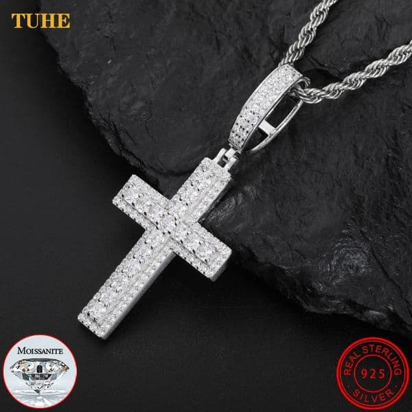Unisex Iced Out Hip Hop Cross Pendant Necklace 925 Sterling Silver Color For Women Charm Fine Jewelry 250624