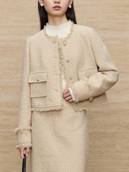 ZIQIAO Women Tweed Jacket Skirt Sets 266 Wool Apricot Short Round Neck Coats Female Long ALINE 24ZQ9417024ZQ94171 250618