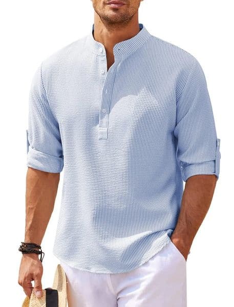 Mens T shirt Mens Long-Sleeved Shirts Spring Autumn Solid Color Stand-Up Collar Casual Beach Style high quality Mens Shirts 250628