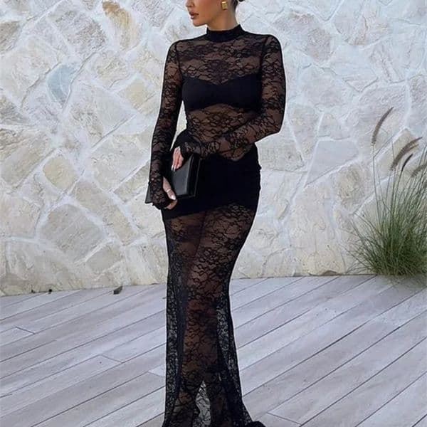 Nibber Sexy Party Dress Womens Splicing Lace Autumn Fashion Stretch Full Sleeve Tight Birthday Midnight Club Clothing Solid Tank Top 250310