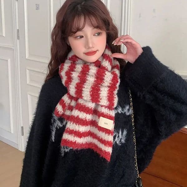 Red Stripe Soft Glutinous Knitted Scarf Women Autumn And Winter Korean Series Atmosphere Allmatch Thick Warm Scarf 250930