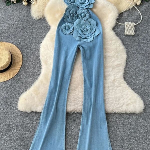 Singreiny Fashion denim jumpsuit zipper 3D floral chic n Korean trend Ins solid streetwear womens clothing 250411