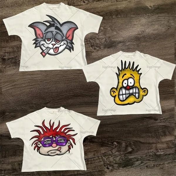 Trendy Streetwear Shortsleeved Women American Retro Cartoon Printed Oversized Tshirt Punk Summer Cotton Casual Top Men 250322