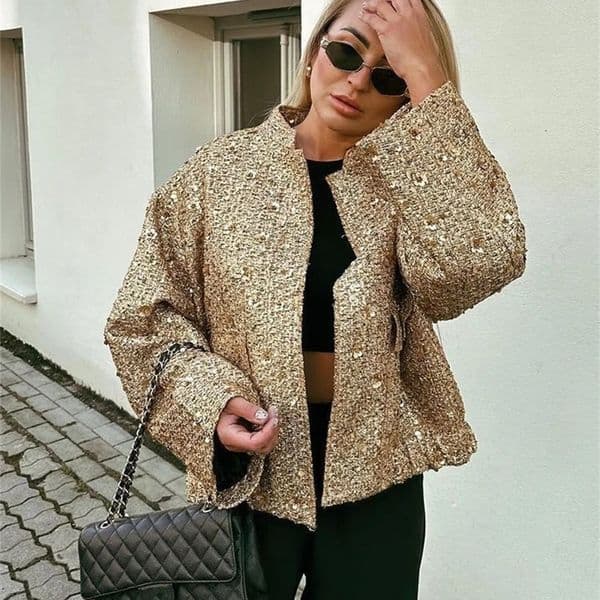 Gold Sequin Lurex Jacket Women Autumn Winter Elegant Stand Zippers Long Sleeve Coat Pockets Female Fashion Streetwear Tops 240115