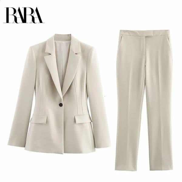 womens clothing from RARA Spring in featuring padded shoulders slim lapels long sleeved casual jacket and mid rise flange pants 250321