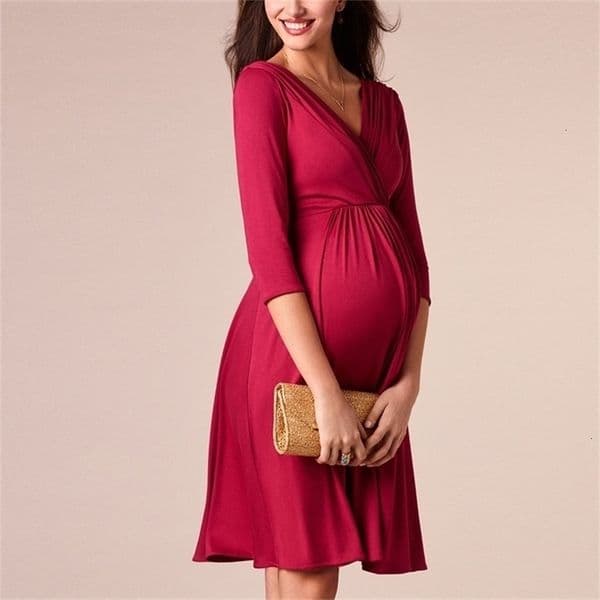 Maternity Dresses Maternity Women Dress Elegant Pregnant Women's V-Neck Solid Ladies Mid Sleeve Nursing Clothes Breastfeeding Vestidos Autum 230417CJ
