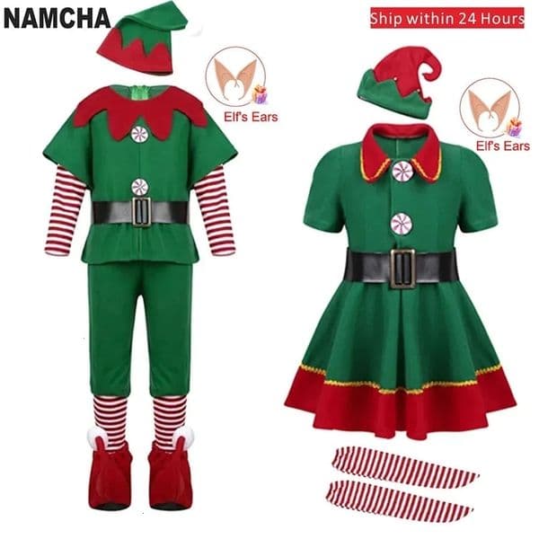 Christmas Santa Claus Costume Green Elf Cosplay Family Carnival Party Year Fancy Dress Clothes Set For Men Women Girls Boys 241022