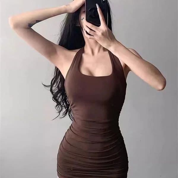 Summer Pure Desire Sexy Halter Neck Bag Hip Belt Breast Pad Short Skirt Niche Y2K Girl Slim Street Dress Women 240722