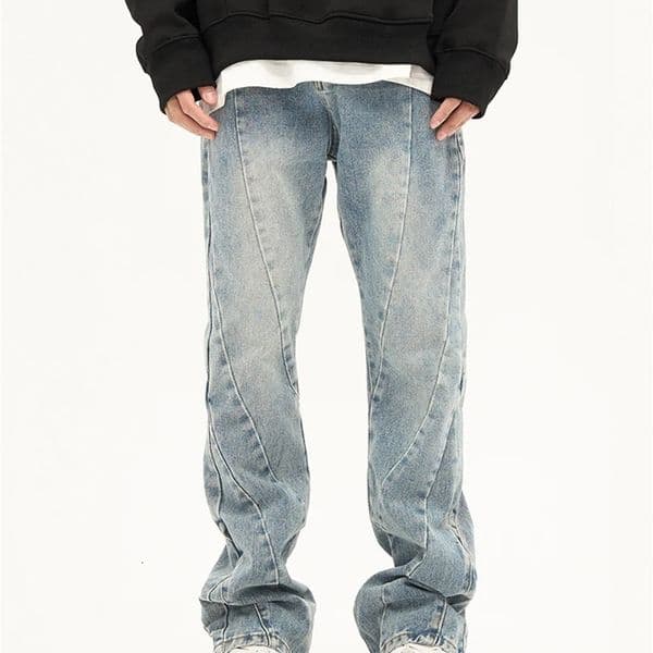Spliced Flared Pants Mens Washed Distressed Denim Autumn Winter Streetwear Casual Jeans Men Clothing 240102